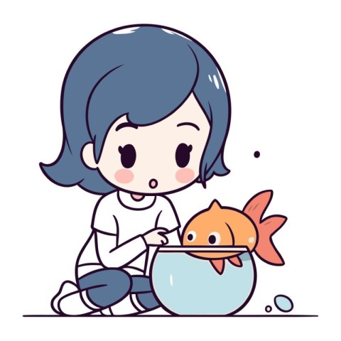 Illustration of a little girl playing with a goldfish in a bowl