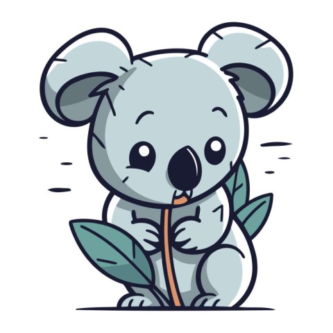 Cute koala holding a twig with leaves. Vector illustration.