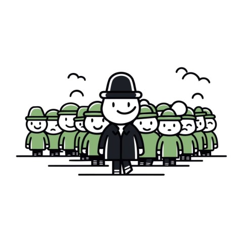 Illustration of a man in a hat standing in a crowd.