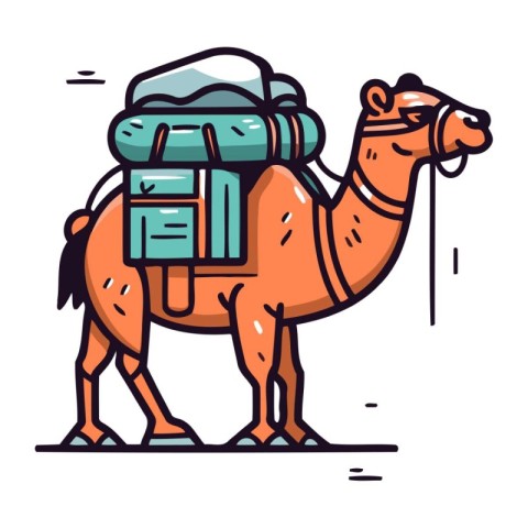 Camel with backpack. Vector illustration in doodle style.
