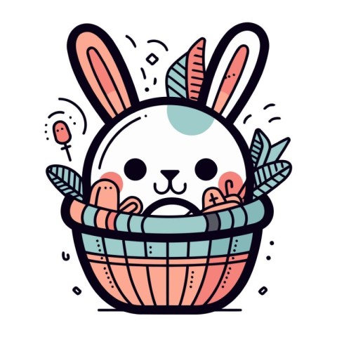 Cute Easter bunny in basket. Vector illustration in doodle style