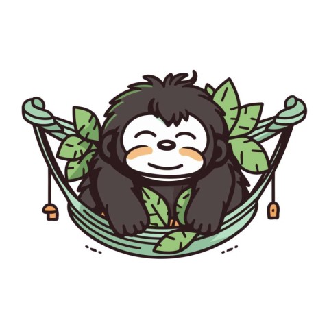 Cute monkey sleeping in hammock with leaves. Vector illustration