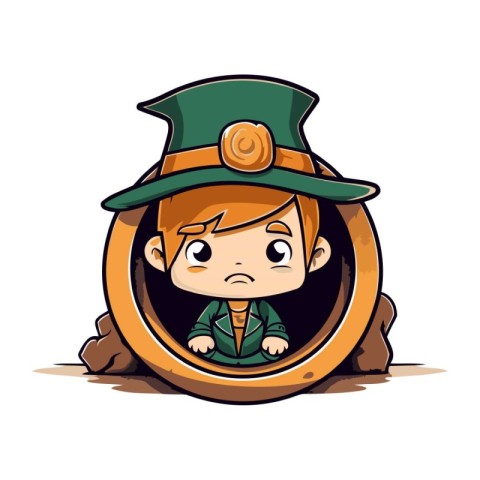 Leprechaun boy in a hole. Vector illustration.