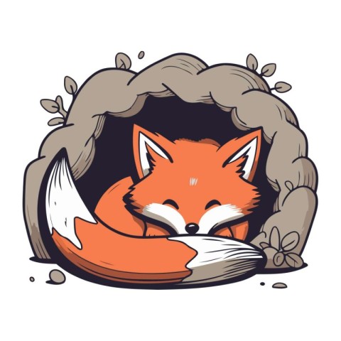 Cute fox in a cave. Vector illustration of a cartoon fox.