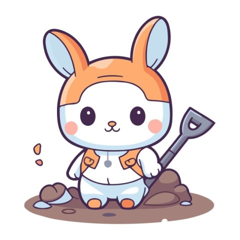 Cute rabbit with a shovel. Vector illustration of cartoon charac