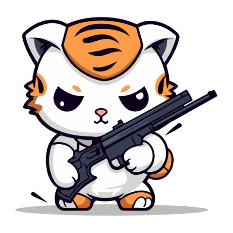 Cute cat with a gun in his hand. Vector illustration.