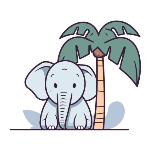 Cute elephant with palm tree. Vector illustration in cartoon sty