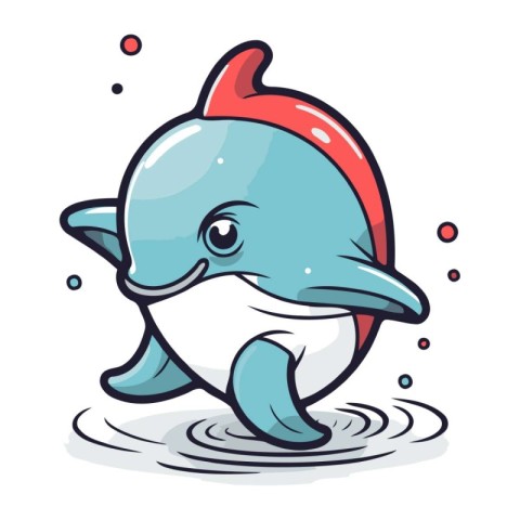 Cute cartoon dolphin in red santa hat. Vector illustration.