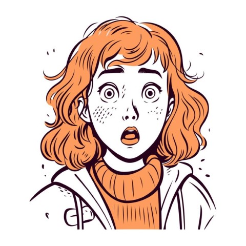 Surprised redhead girl. Vector illustration in sketch style.