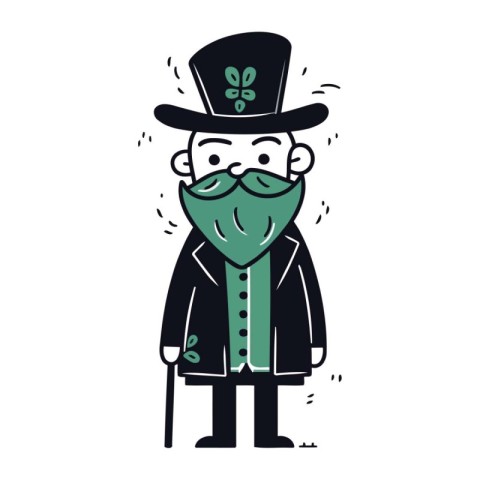 Old man in a hat with a mustache and a cane. Vector illustration