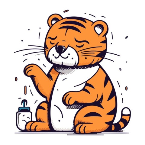 Cute tiger with a bottle of milk. Vector illustration in cartoon