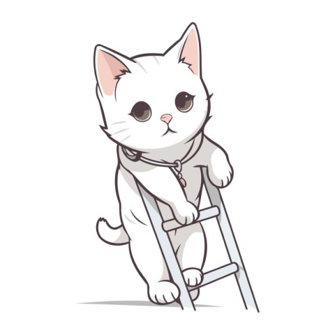 Cute white cat with ladder on white background. Vector illustrat