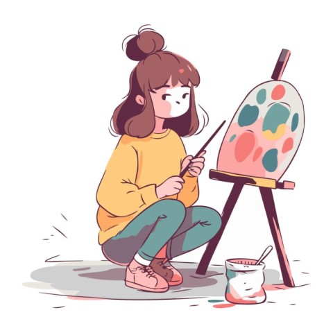 Little girl painting on easel. Vector illustration in cartoon st