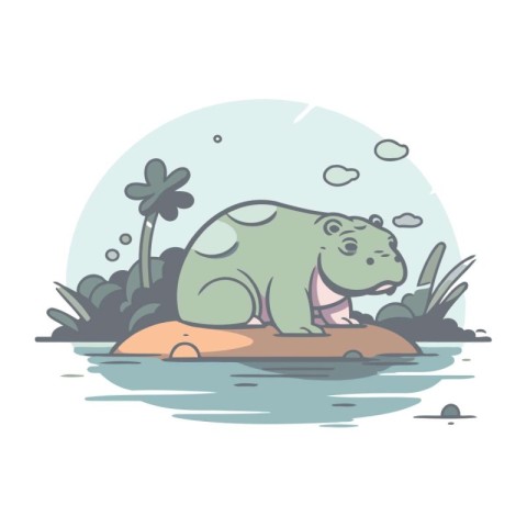 Hippopotamus on a rock in the water. Vector illustration