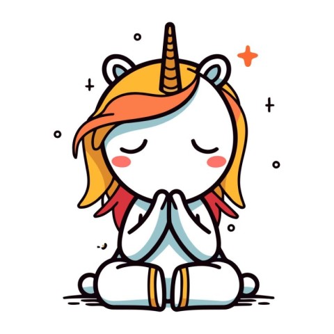 Cute cartoon unicorn meditating in lotus pose. Vector illustrati