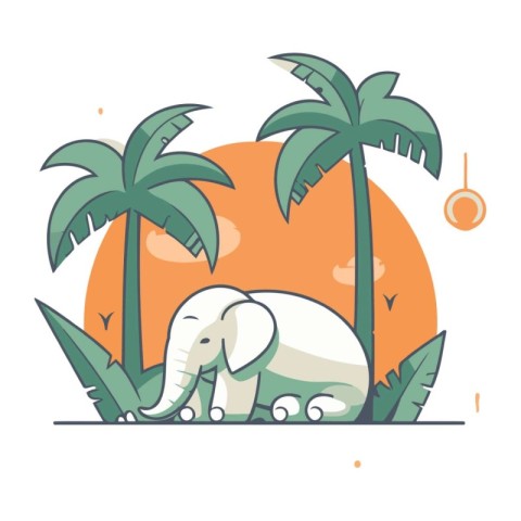 Vector illustration of a cute elephant on the background of palm