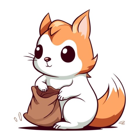 Vector illustration of a cute little squirrel with a bag on whit