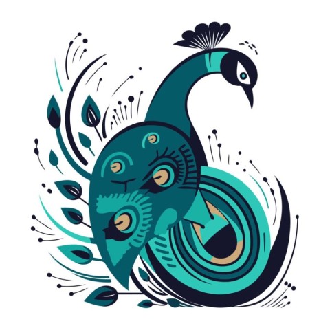 Vector illustration of a peacock on a turquoise background.