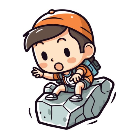 Cute Little Boy Sitting on a Rock. Vector Cartoon Illustration