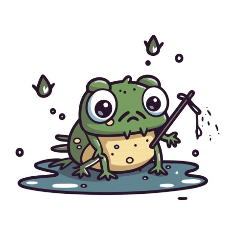 Frog with fishing rod. Cute cartoon frog. Vector illustration.