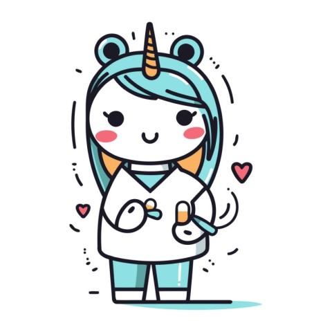 Cute little unicorn cartoon character. Vector illustration in li