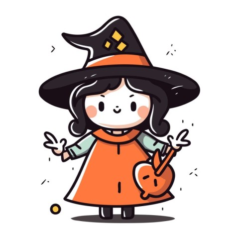 Cute cartoon girl in witch costume for Halloween. Vector illustr