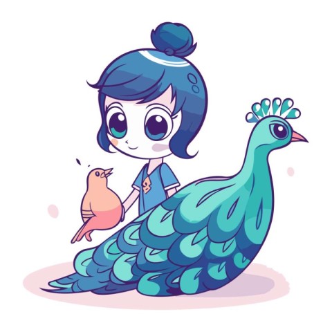 Cute little girl playing with a peacock. Vector illustration.