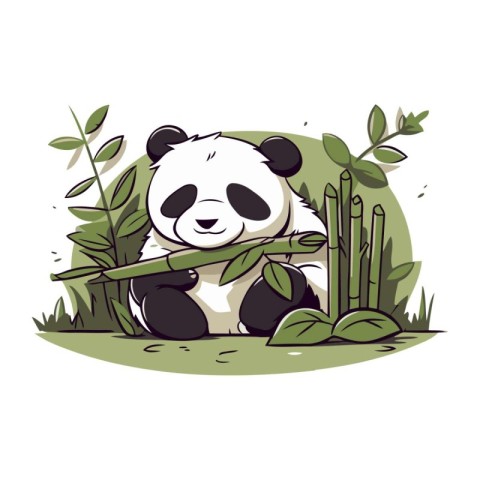 Cute panda sitting on bamboo branch. Vector cartoon illustration