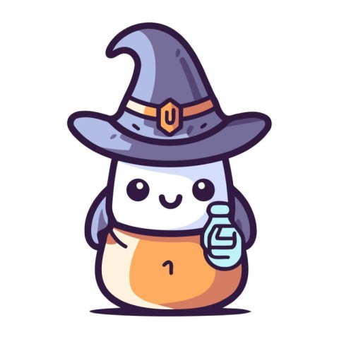 Cute smiling snowman wearing witch hat and holding magic wand. V