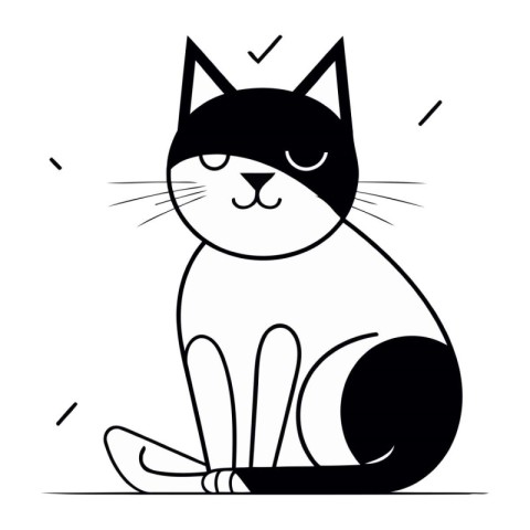 Black and white cat sitting on a white background. Vector illust