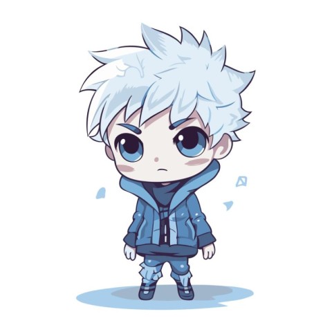 Cute anime boy in blue coat. Vector illustration on white backgr