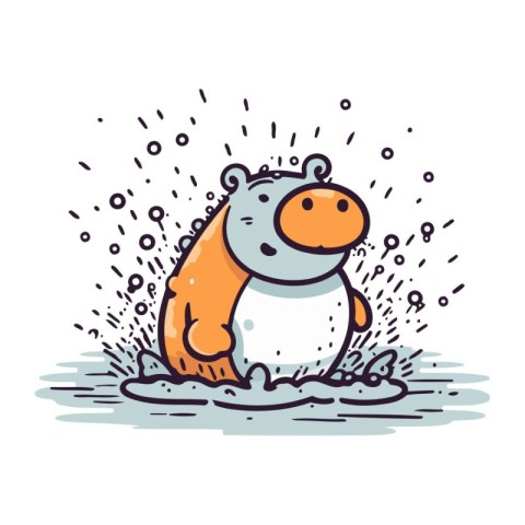 Cute cartoon hippopotamus in the rain. Vector illustration.