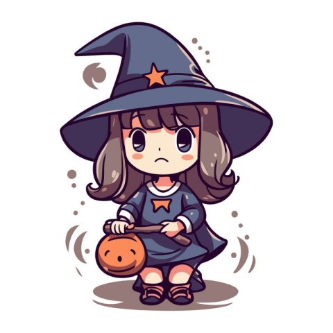 Illustration of a little girl dressed up as a witch with a pumpk