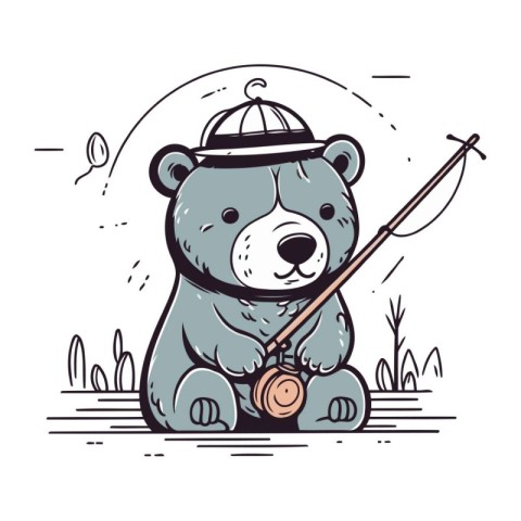 Cute cartoon bear with fishing rod. Vector illustration for your