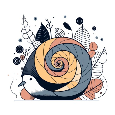 Penguin and snail on floral background. Hand drawn vector illust