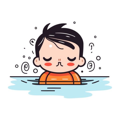 Cute cartoon boy in life jacket swimming in pool. Vector illustr