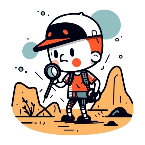 Cartoon boy searching for treasure with magnifying glass. Vector