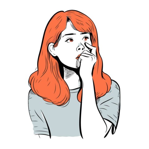 Vector illustration of a young woman with red hair holding her n