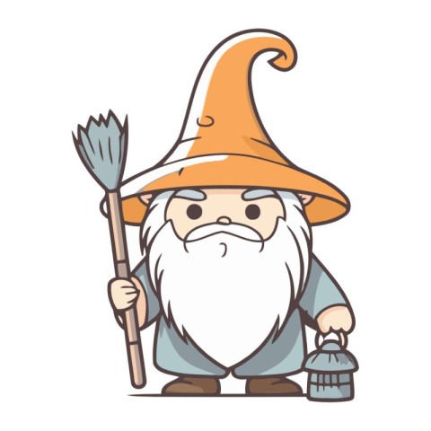 Wizard with a broom and a lamp. Cartoon vector illustration.