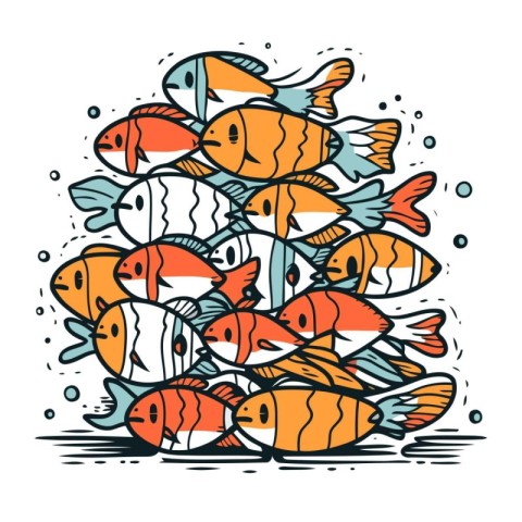 Cute hand drawn vector illustration of a group of fishes. Isolat