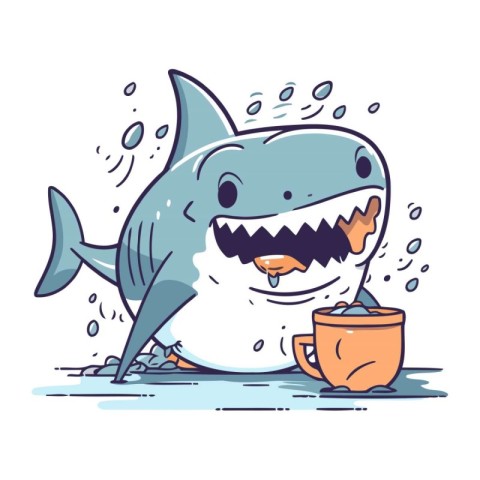 Cute cartoon shark with a bowl of water. Vector illustration.