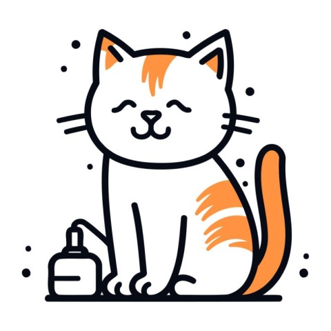 Cute cat with a bottle of perfume. Vector illustration in line s