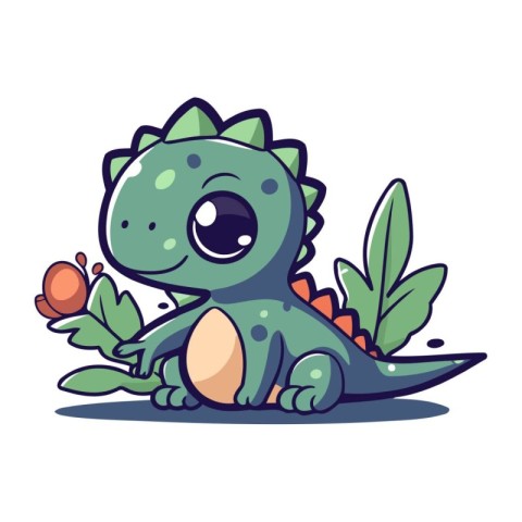 Cute cartoon dinosaur with leaves. Vector illustration isolated