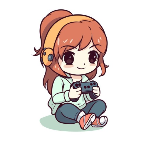 Illustration of a Cute Little Girl Playing with a Gamepad