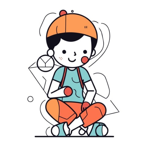 Vector illustration of a boy in a cap and shorts sitting on the