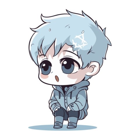 Cute little boy with blue hair and blue eyes. Vector illustratio