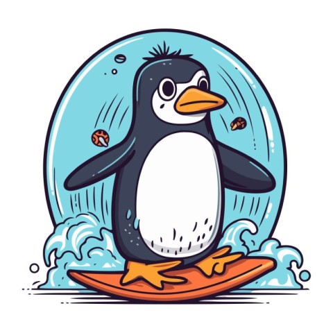 Cute penguin with surfboard. Vector illustration in cartoon styl