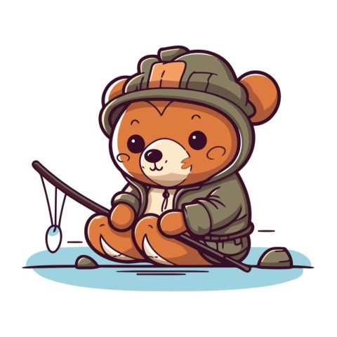 Cute cartoon beaver fisherman with fishing rod. Vector illustrat