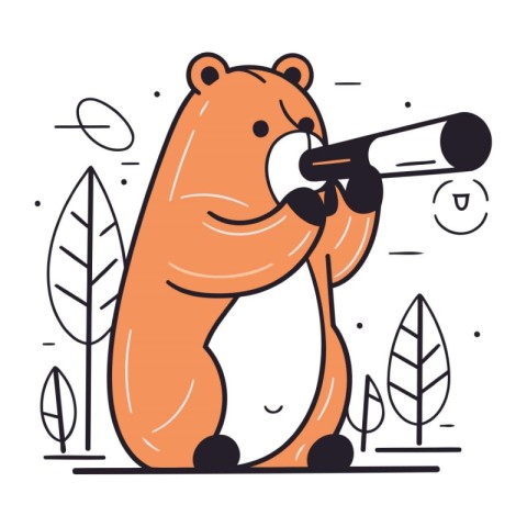 Cute bear with telescope. Vector illustration in flat linear sty