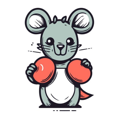 Cute cartoon mouse with boxing gloves. Vector illustration isola